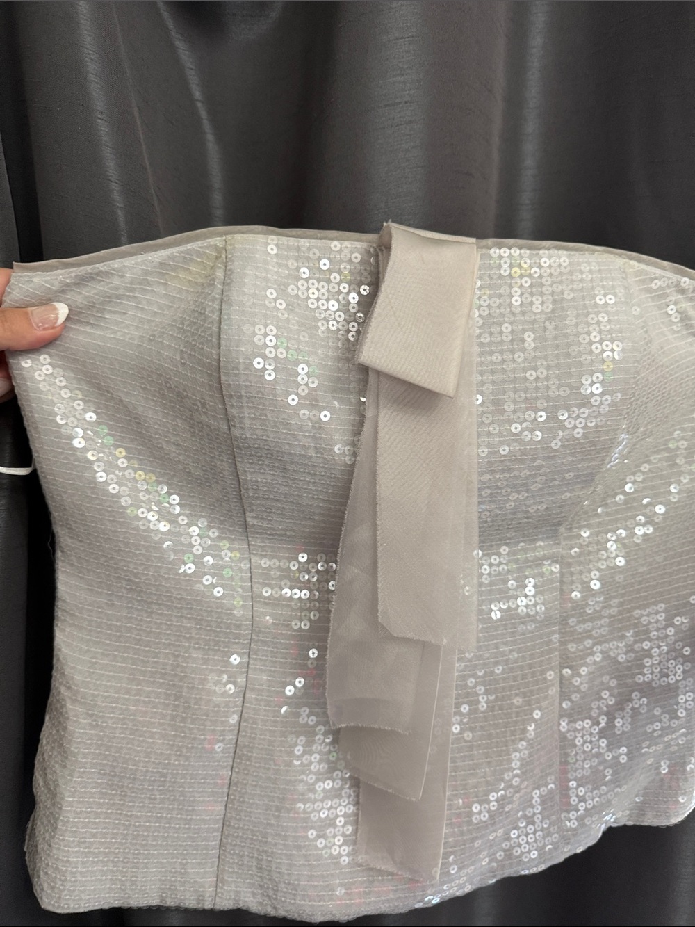 WHBM Strapless Bustier Sequin Bow-Front Women’s Top in Silver